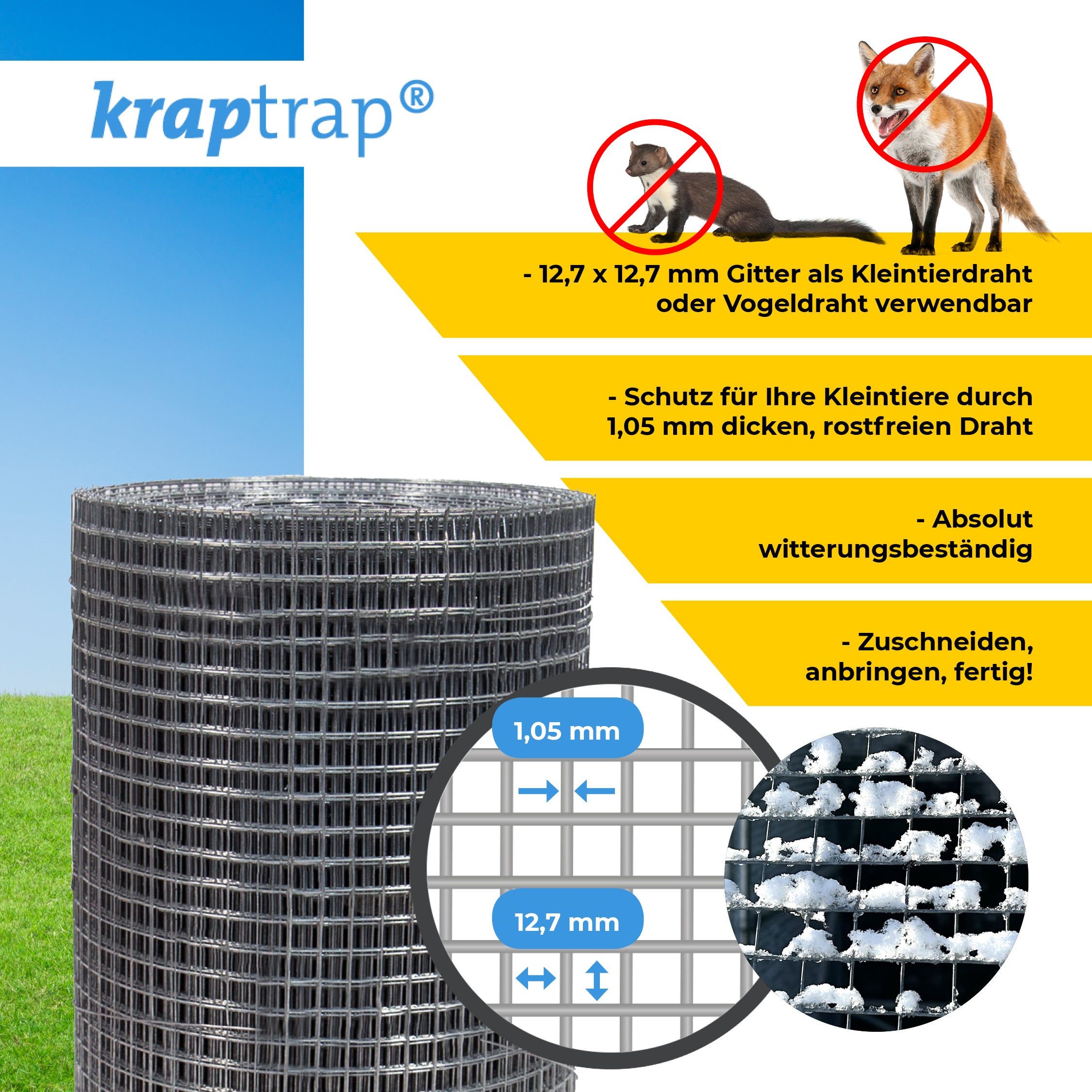 Kraptrap® Volierendraht Drahtgitter 12,7 mm Masche, 100 cm breit, 1,05mm Drahtstärke