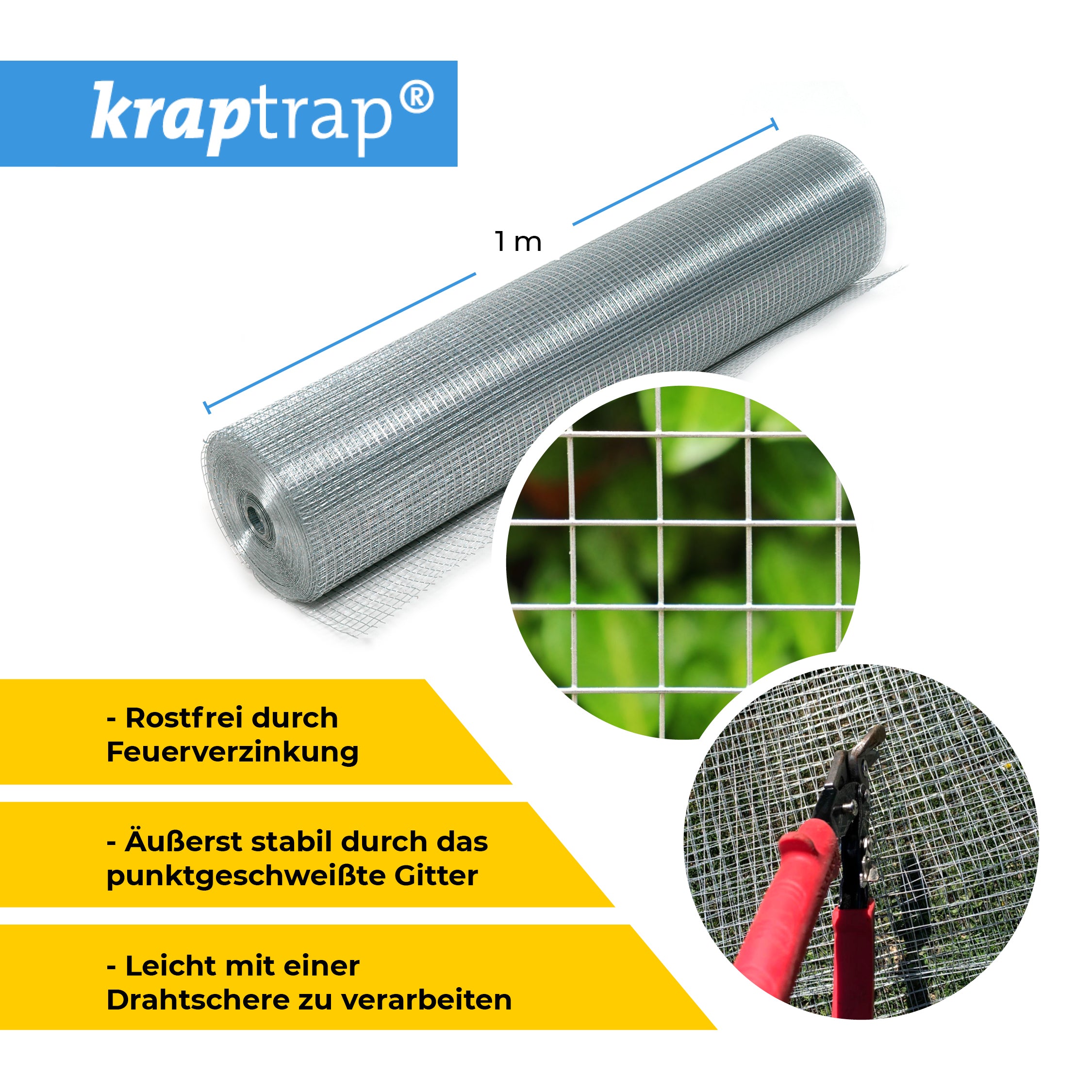 Kraptrap® Volierendraht Drahtgitter 10,6 mm Masche, 100 cm breit, 0,9mm Drahtstärke