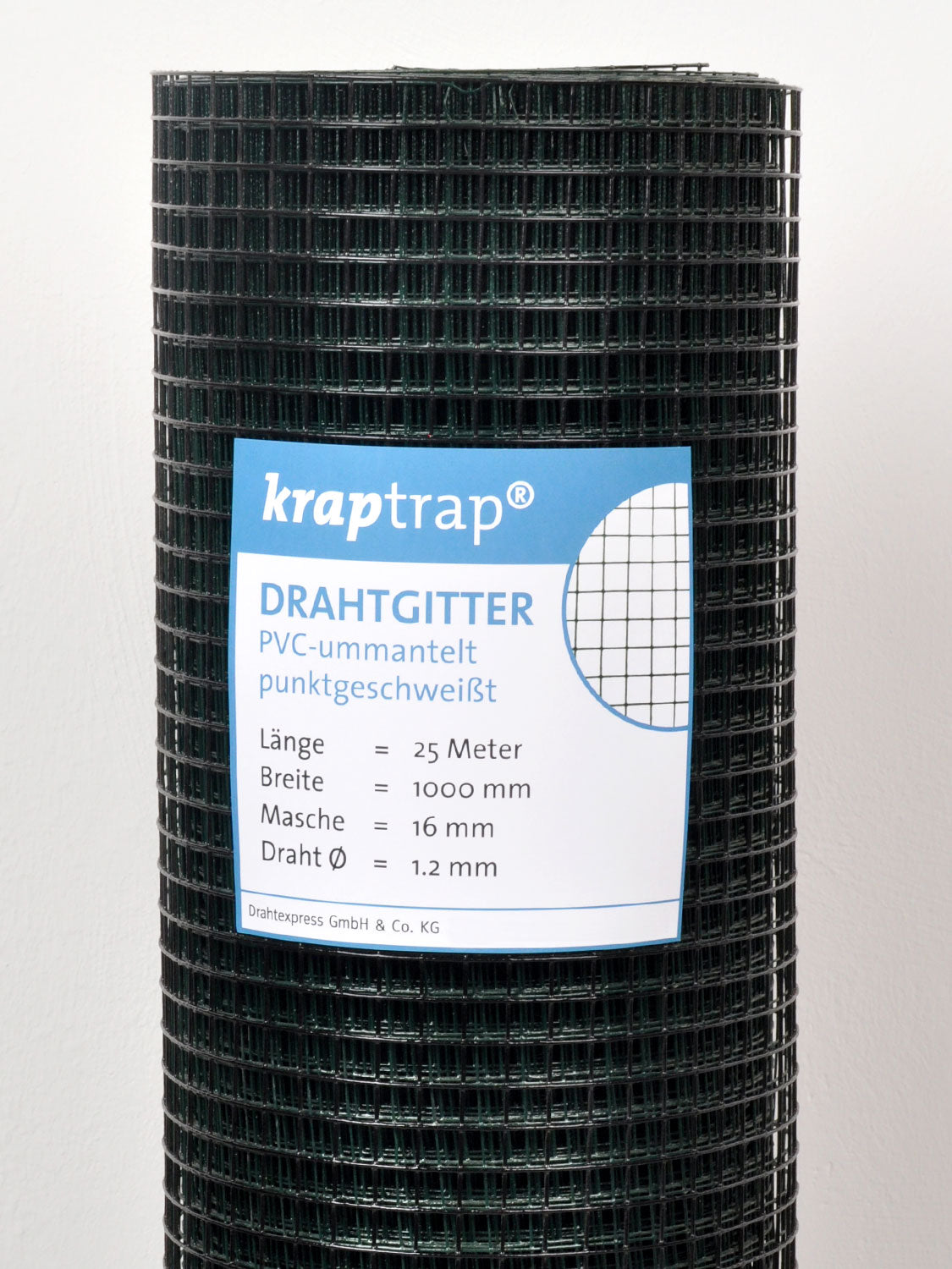 Kraptrap® Volierendraht Drahtgitter 16 mm Masche, 100 cm breit, schwarz ummantelt