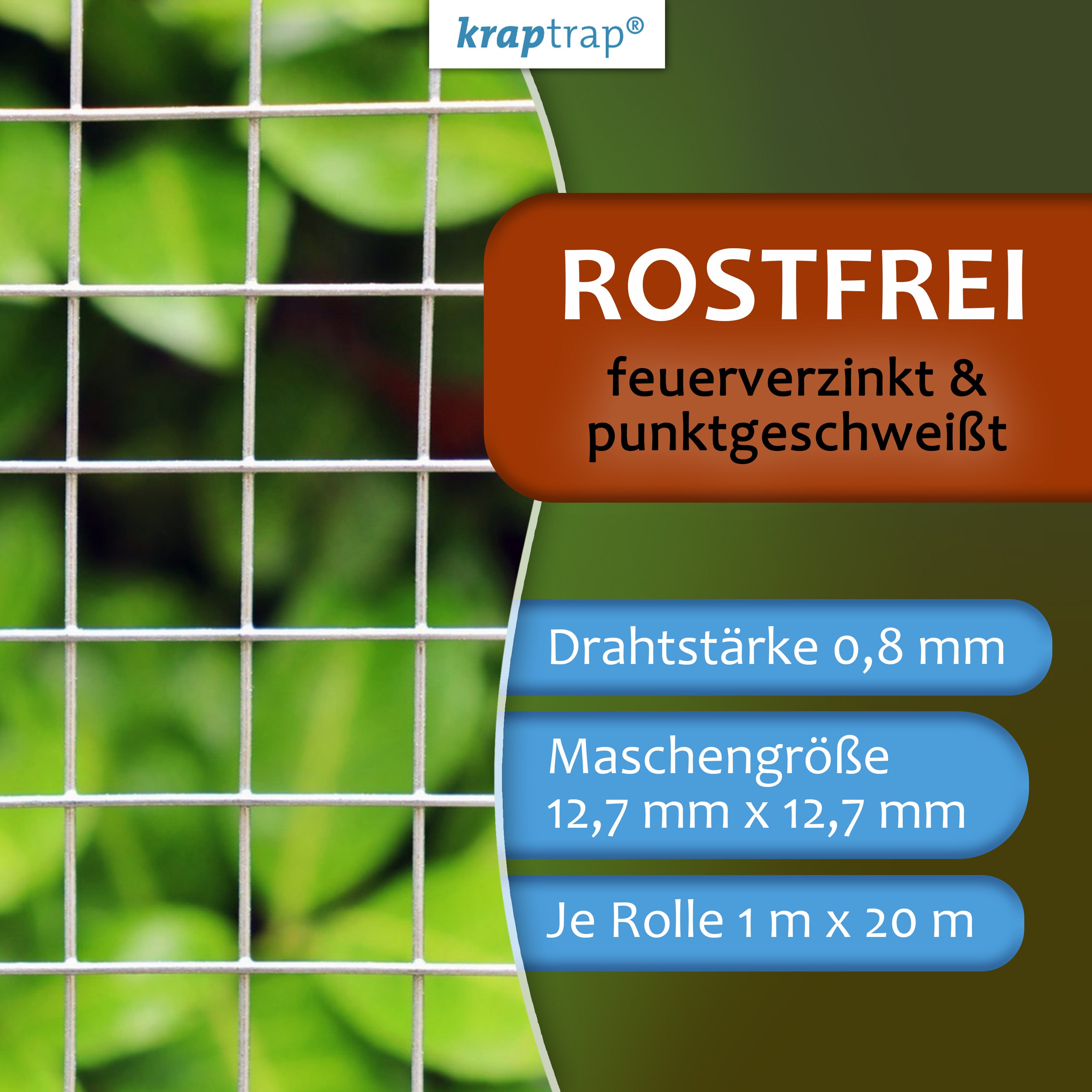 Kraptrap® Volierendraht Drahtgitter 12x12, 100 cm, 0,8mm Drahtstärke